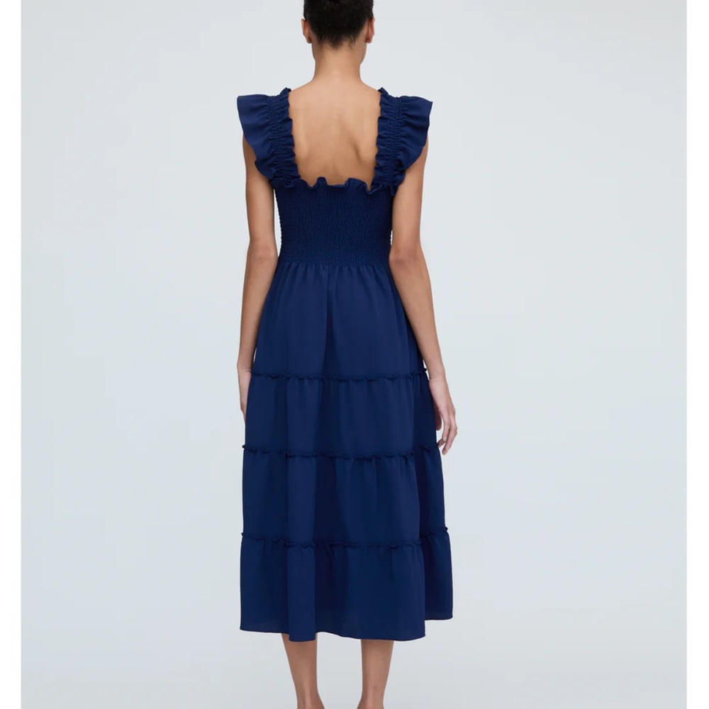 Hill House The Nap Dress - Smocked Ruffle Sleeve Midi Dress - Navy - Picture 2 of 11
